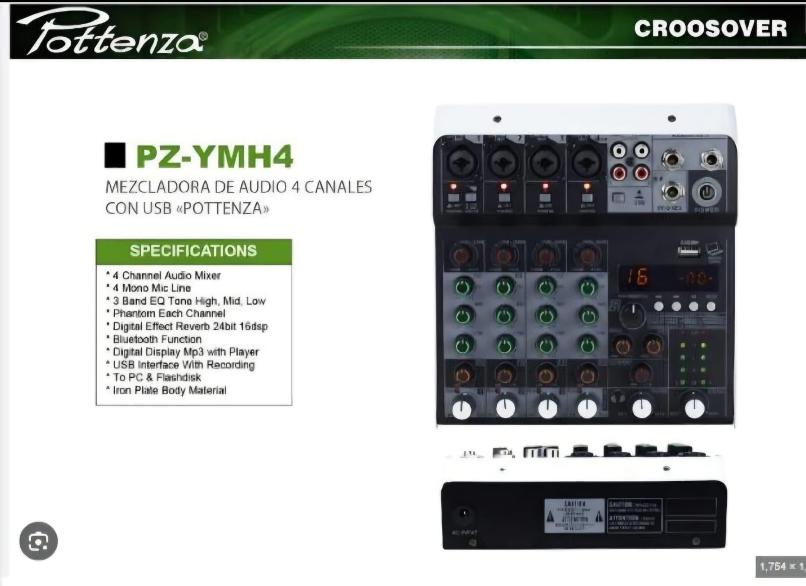 Mezcladora POTTENZA Audio 4 canales C/USB  
